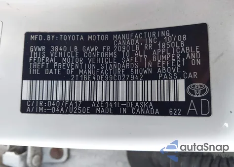 2009 Toyota Corolla Xrs z USA, uszkodzony, nr VIN 2T1BE40E99C027942